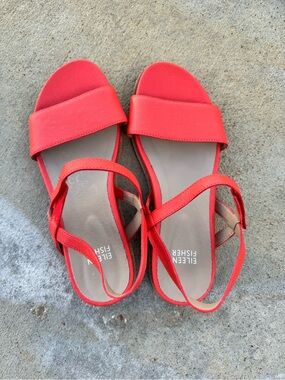Eileen Fisher Coral-Red Leather Slide Sandals